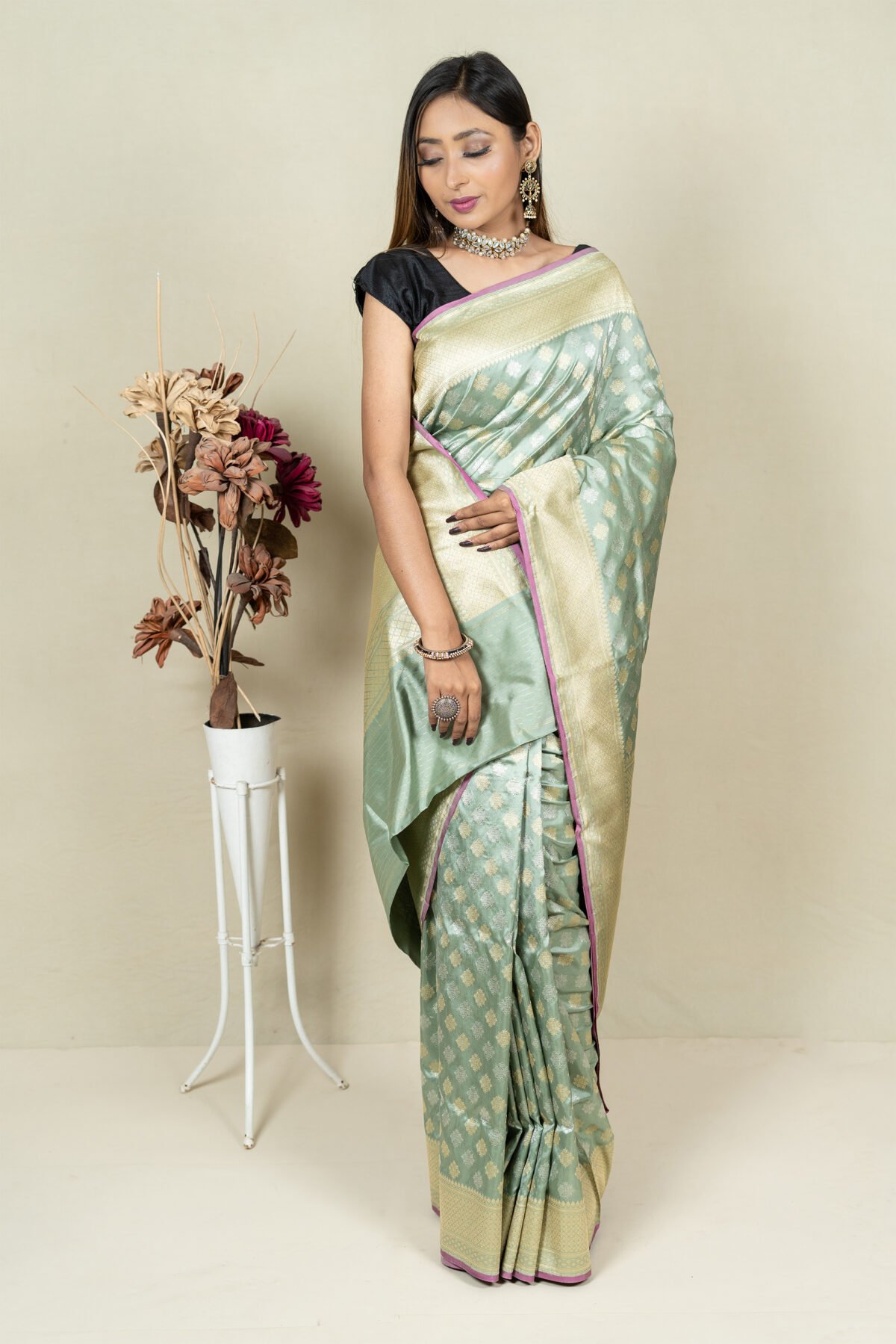 Fern Green Banarasi Jangla Saree - Image 4