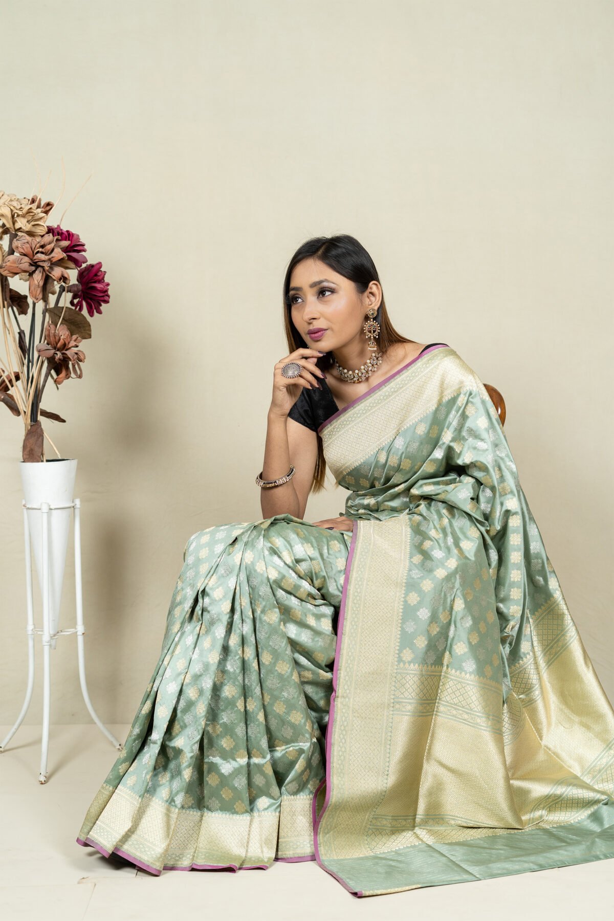 Fern Green Banarasi Jangla Saree - Image 2